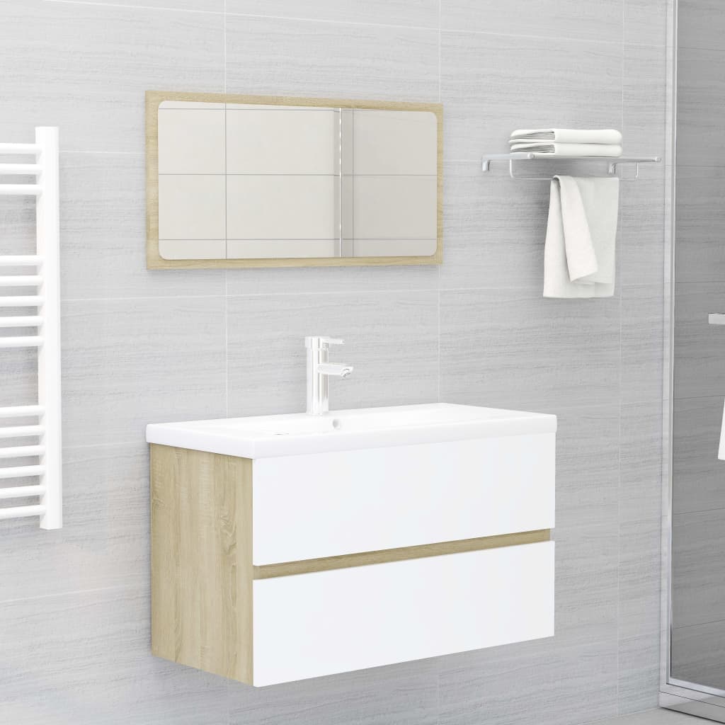 Set Mobili da Bagno Bianco e Rovere Sonoma in Legno Multistrato
