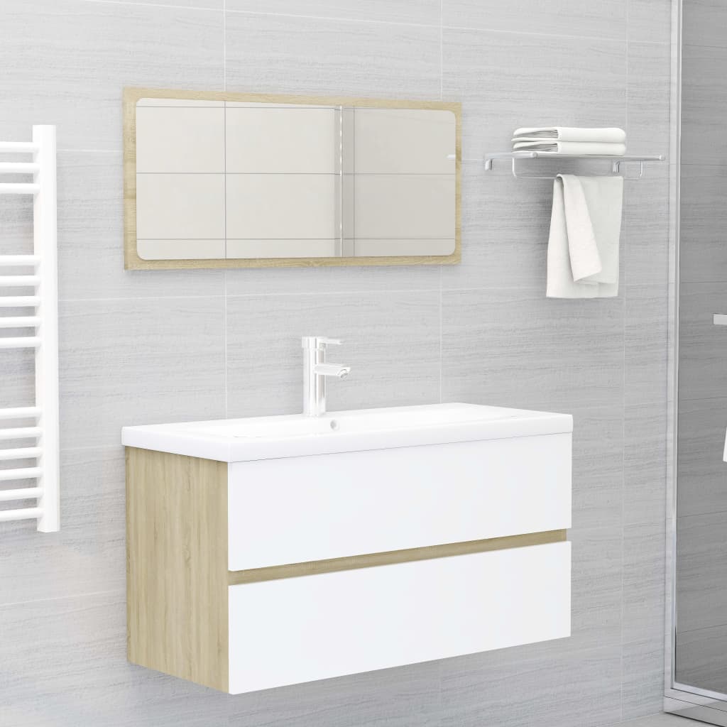 Set Mobili da Bagno Bianco e Rovere Sonoma in Legno Multistrato