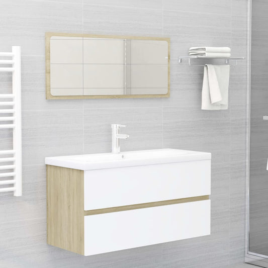 Set Mobili da Bagno Bianco e Rovere Sonoma in Legno Multistrato