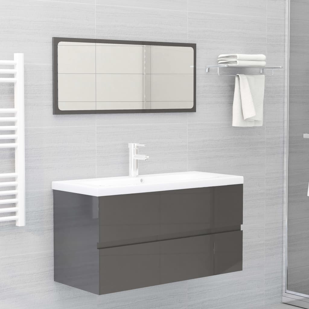Set Mobili da Bagno Grigio Lucido in Legno Multistrato