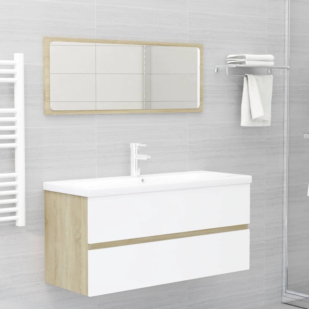Set Mobili da Bagno Bianco e Rovere Sonoma in Legno Multistrato