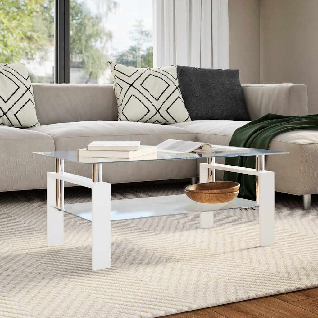 Tavolino Bianco e Trasparente 95x55x40 cm Vetro Temperato