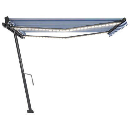 Tenda da Sole Retrattile Manuale con LED 450x350 cm Blu Bianco