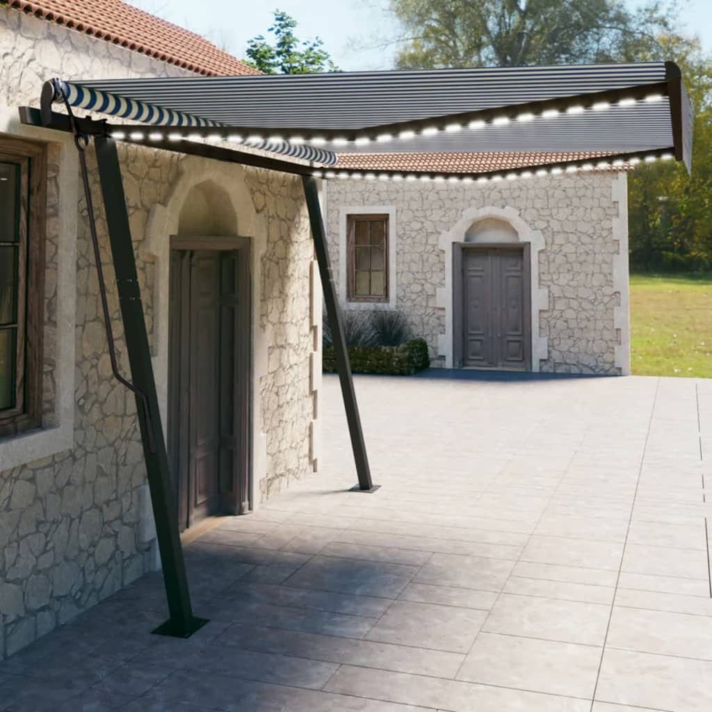 Tenda Automatica con Sensore Vento e LED 4x3 m Blu e Bianca
