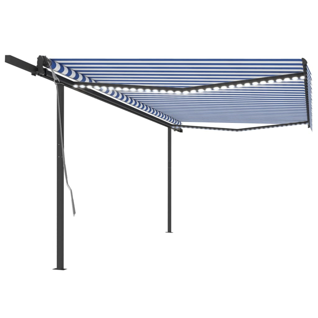Tenda da Sole Retrattile Manuale con LED 5x3 m Blu e Bianca