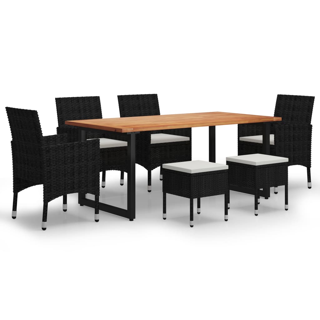 Set da Pranzo per Giardino 7 pz con Cuscini in Polyrattan Nero