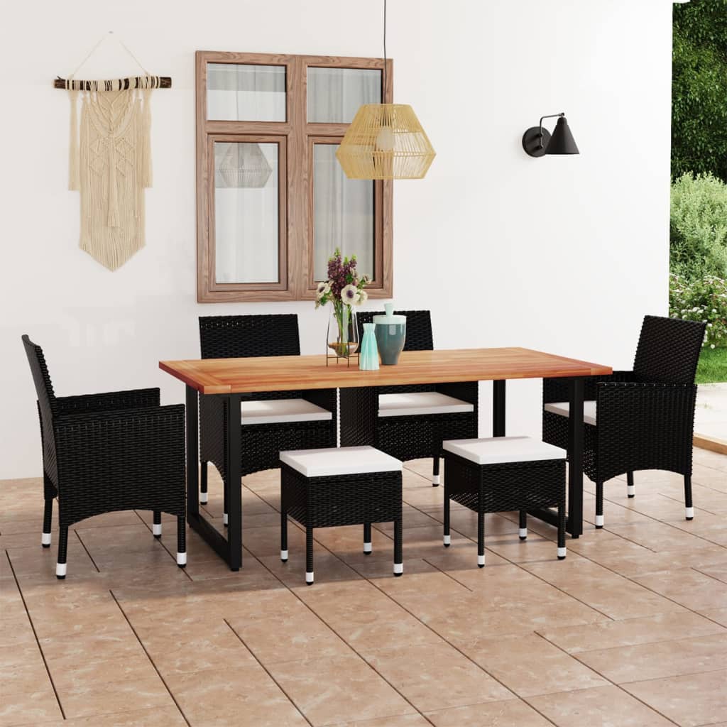 Set da Pranzo per Giardino 7 pz con Cuscini in Polyrattan Nero