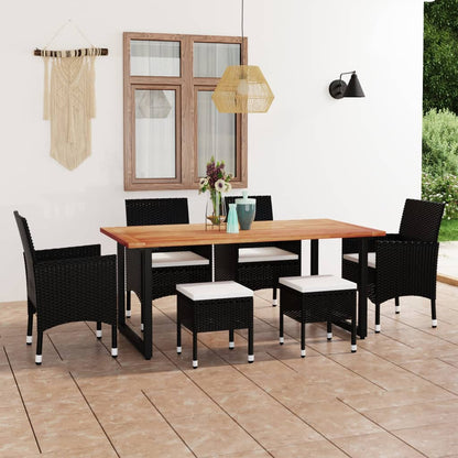 Set da Pranzo per Giardino 7 pz con Cuscini in Polyrattan Nero