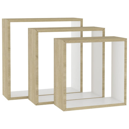 Mensole a Cubo da Parete 3 pz Bianco Rovere Sonoma