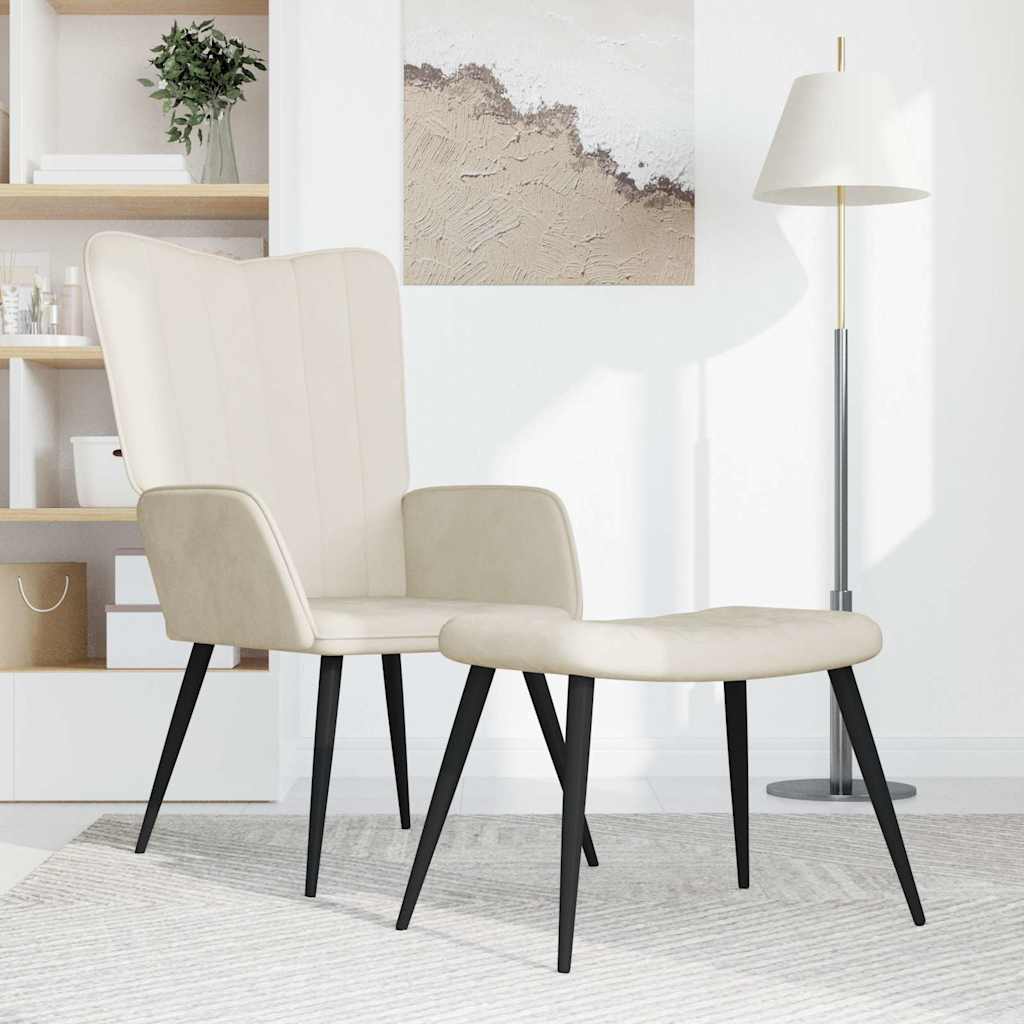 Poltrona Relax con Sgabello Bianco Crema in Velluto