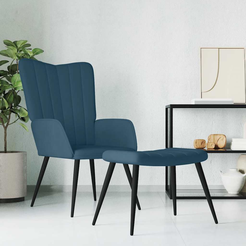 Poltrona Relax con Sgabello Blu in Velluto