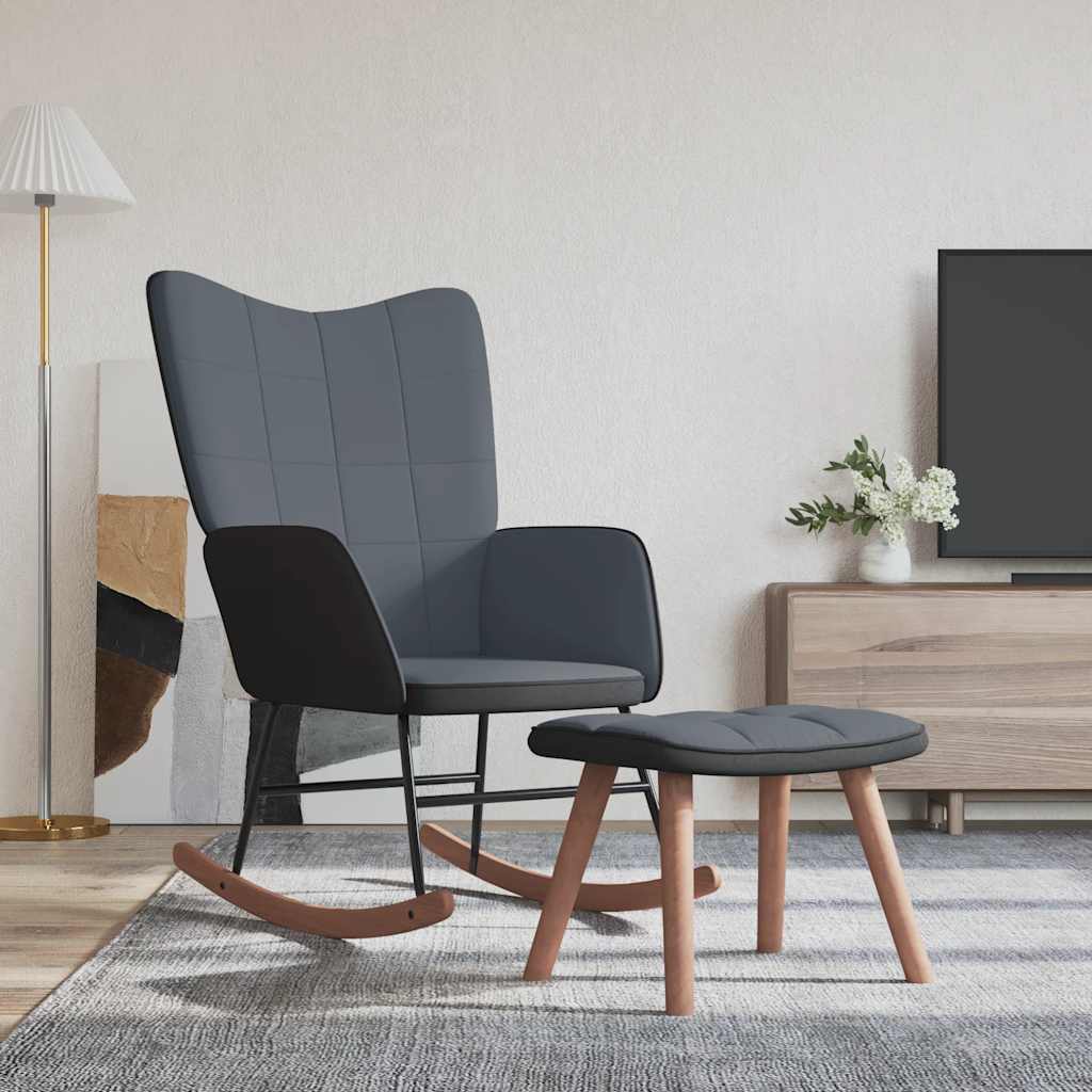 Sedia a Dondolo con Poggiapiedi Grigio Scuro in Velluto e PVC