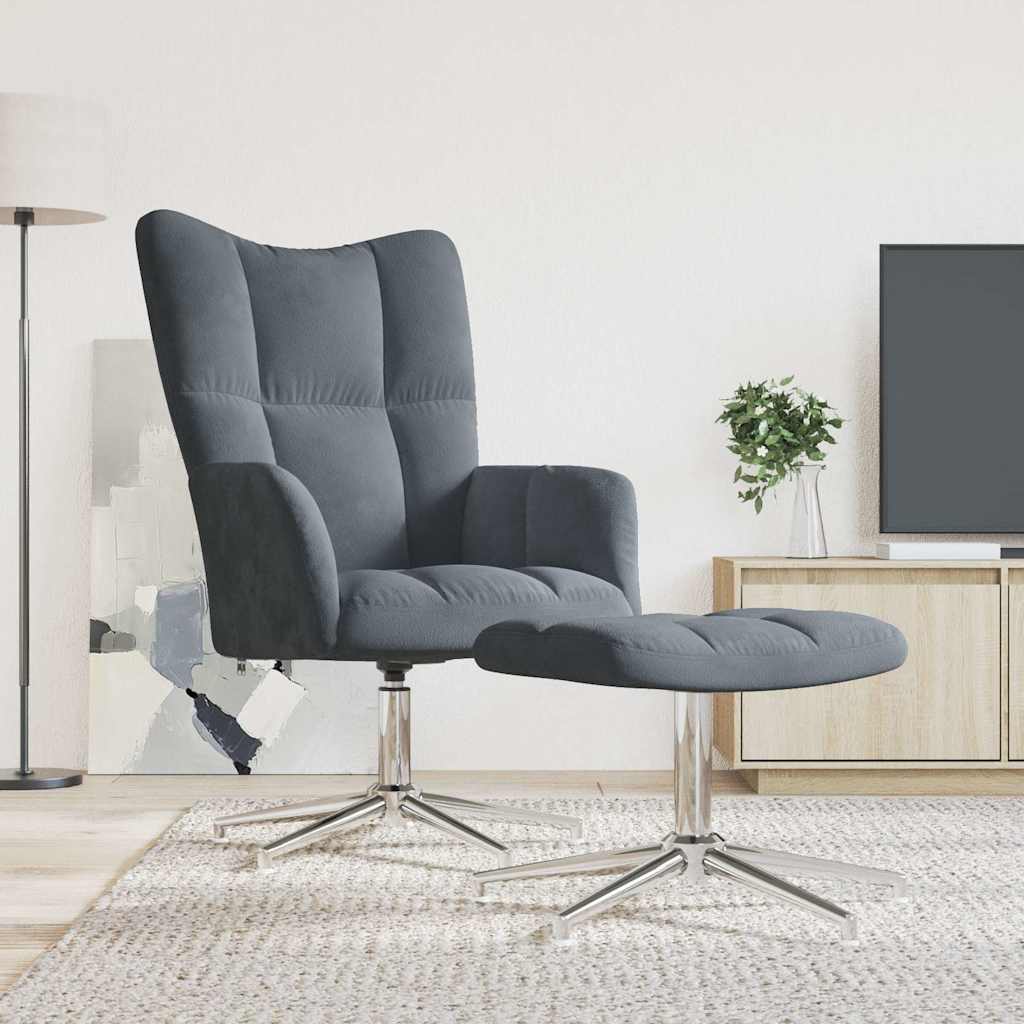 Sedia Relax con Poggiapiedi Grigio Scuro in Velluto