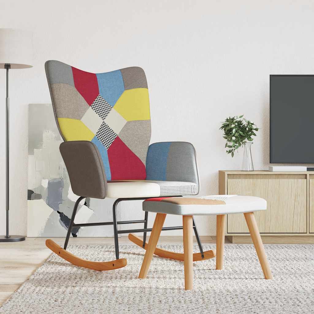 Sedia a Dondolo con Poggiapiedi in Tessuto Patchwork
