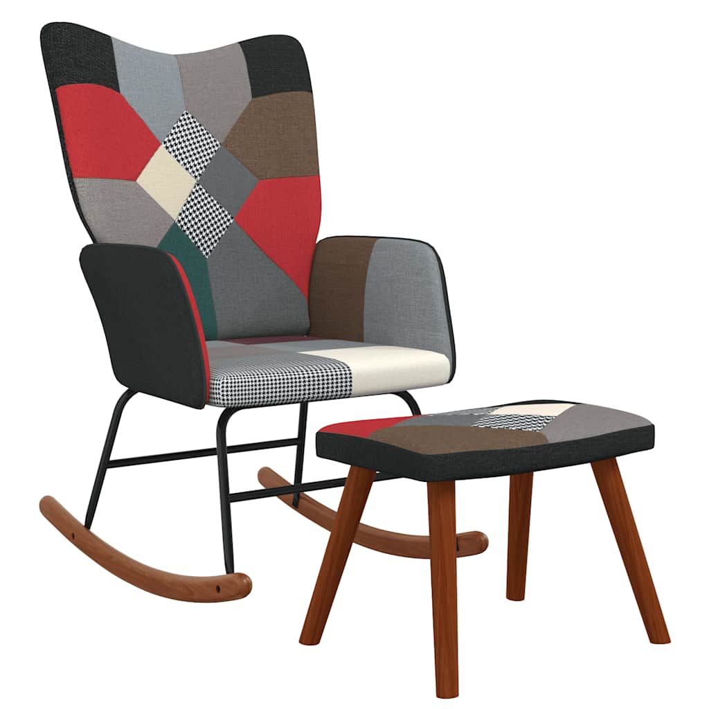Sedia a Dondolo con Poggiapiedi in Tessuto Patchwork
