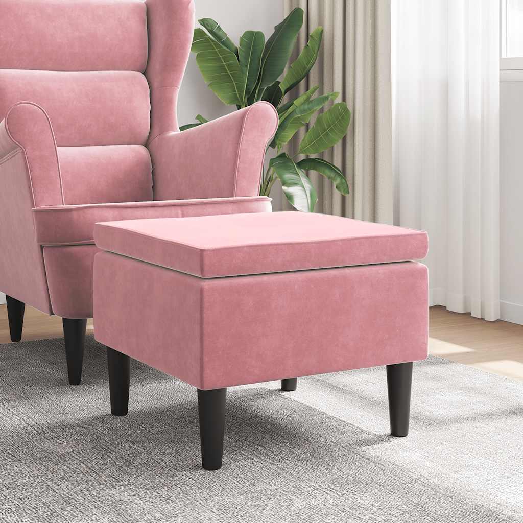 Poggiapiedi con Gambe in Legno Rosa in Velluto