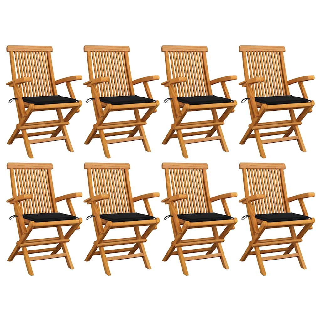 Sedie da Giardino con Cuscini Neri 8 pz Legno Massello di Teak