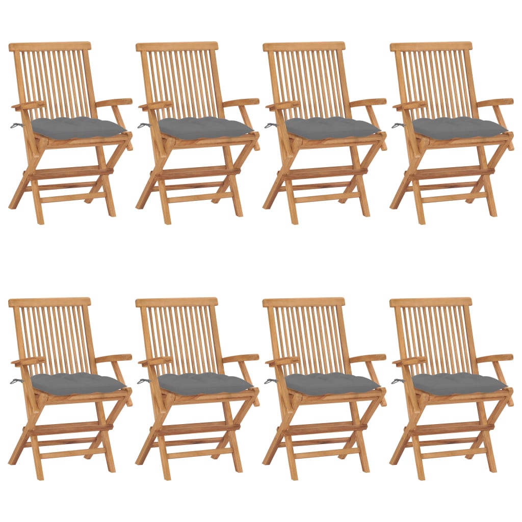 Sedie da Giardino con Cuscini Grigi 8pz Legno Massello di Teak