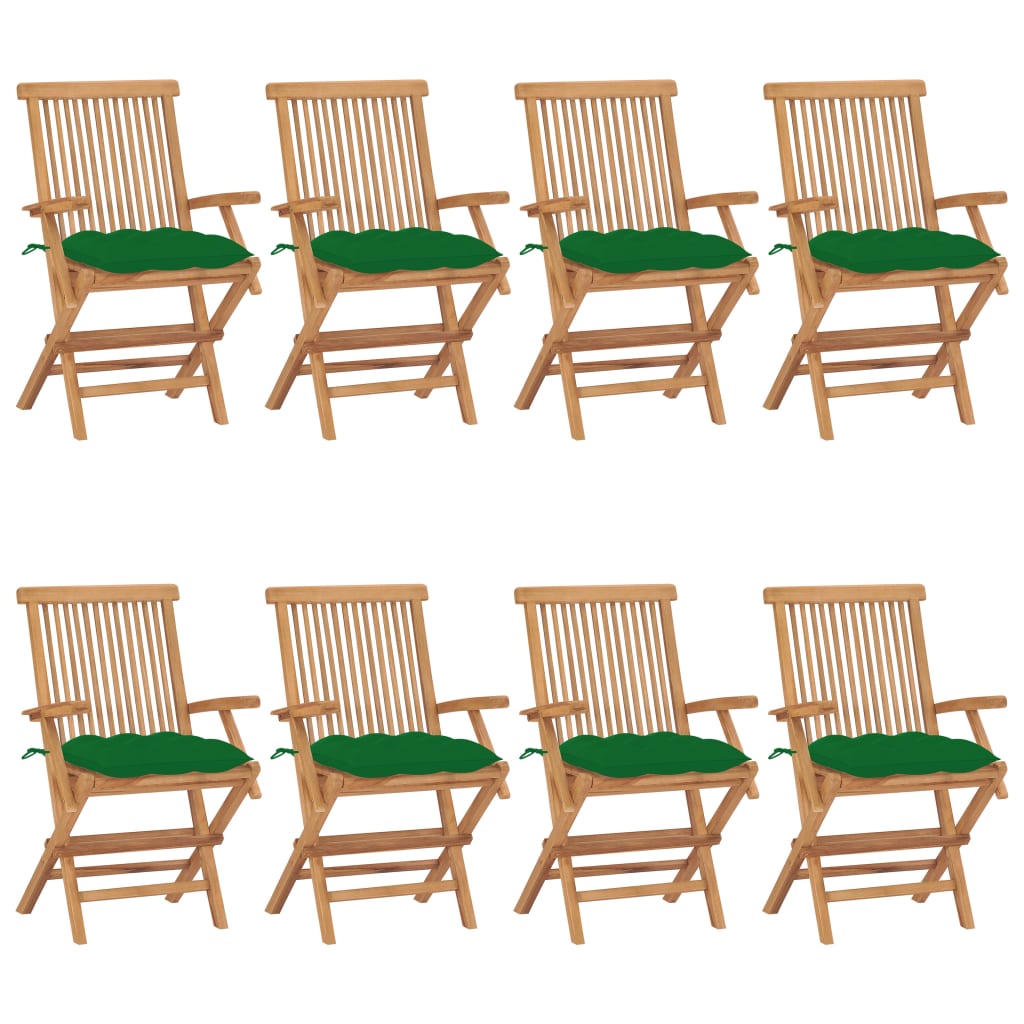 Sedie da Giardino con Cuscini Verdi 8 pz in Massello di Teak