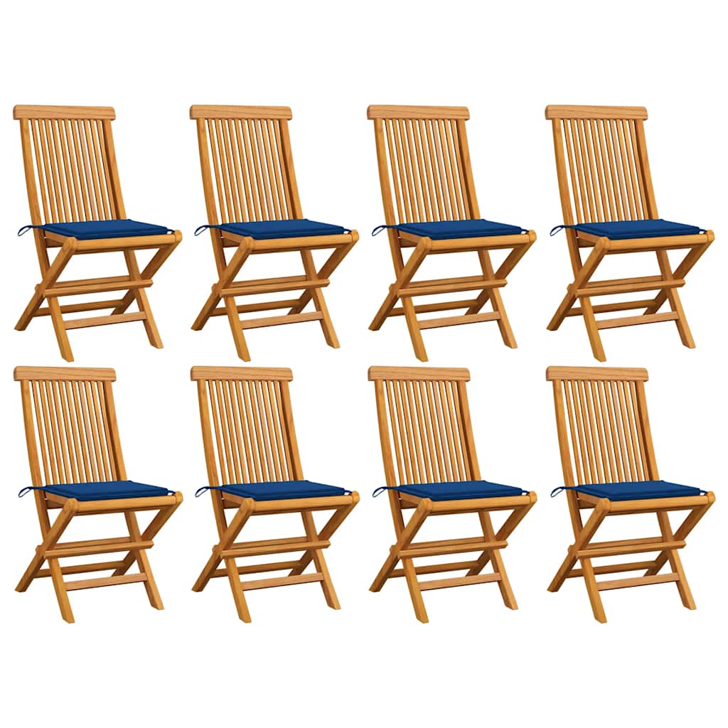 Sedie da Giardino con Cuscini Blu Reale 8 pz Massello di Teak