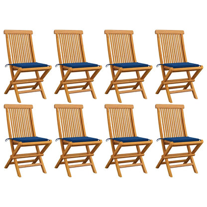 Sedie da Giardino con Cuscini Blu Reale 8 pz Massello di Teak