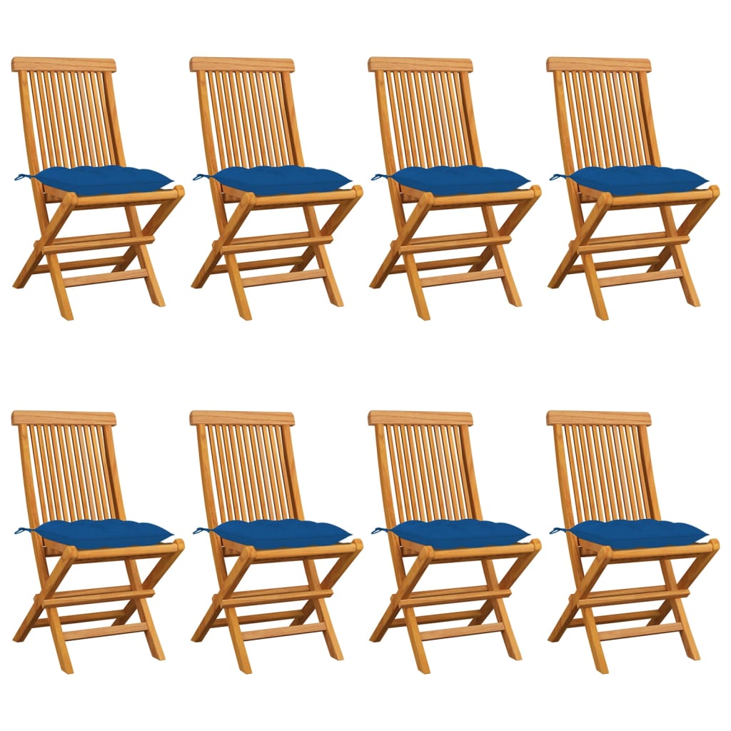 Sedie da Giardino con Cuscini Blu 8 pz in Massello di Teak