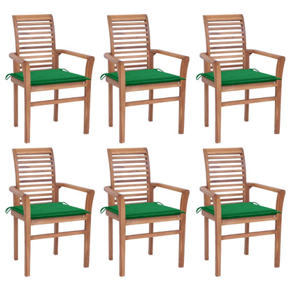 Sedie da Pranzo 6 pz con Cuscini Verdi in Massello di Teak