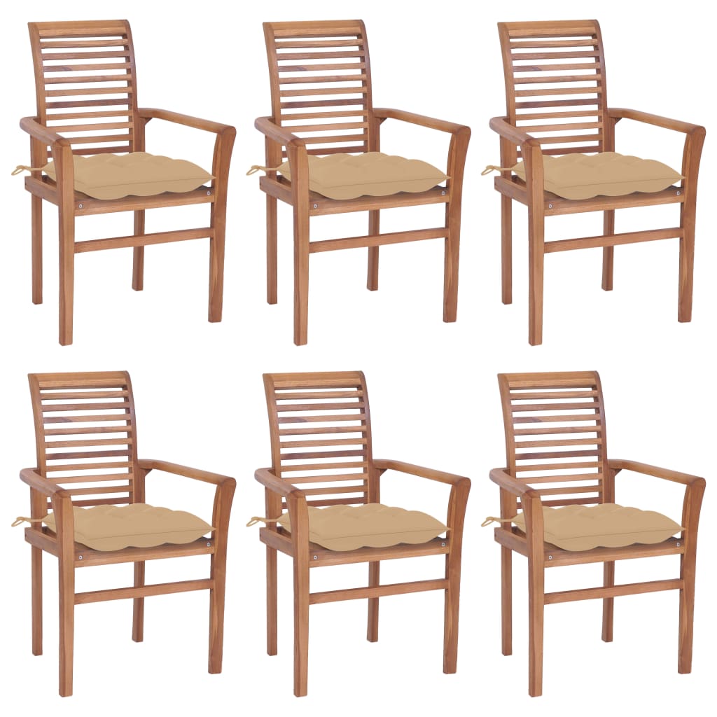 Sedie da Pranzo 6 pz con Cuscini Beige in Massello di Teak