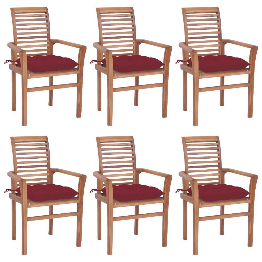 Sedie da Pranzo 6 pz con Cuscini Rosso Vino in Massello di Teak
