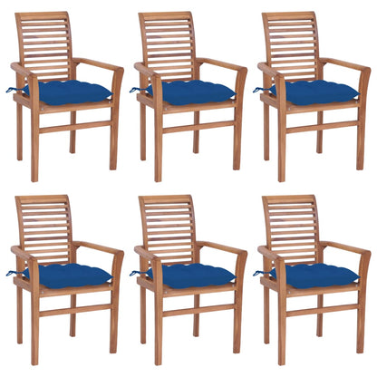 Sedie da Pranzo 6 pz con Cuscini Blu in Massello di Teak