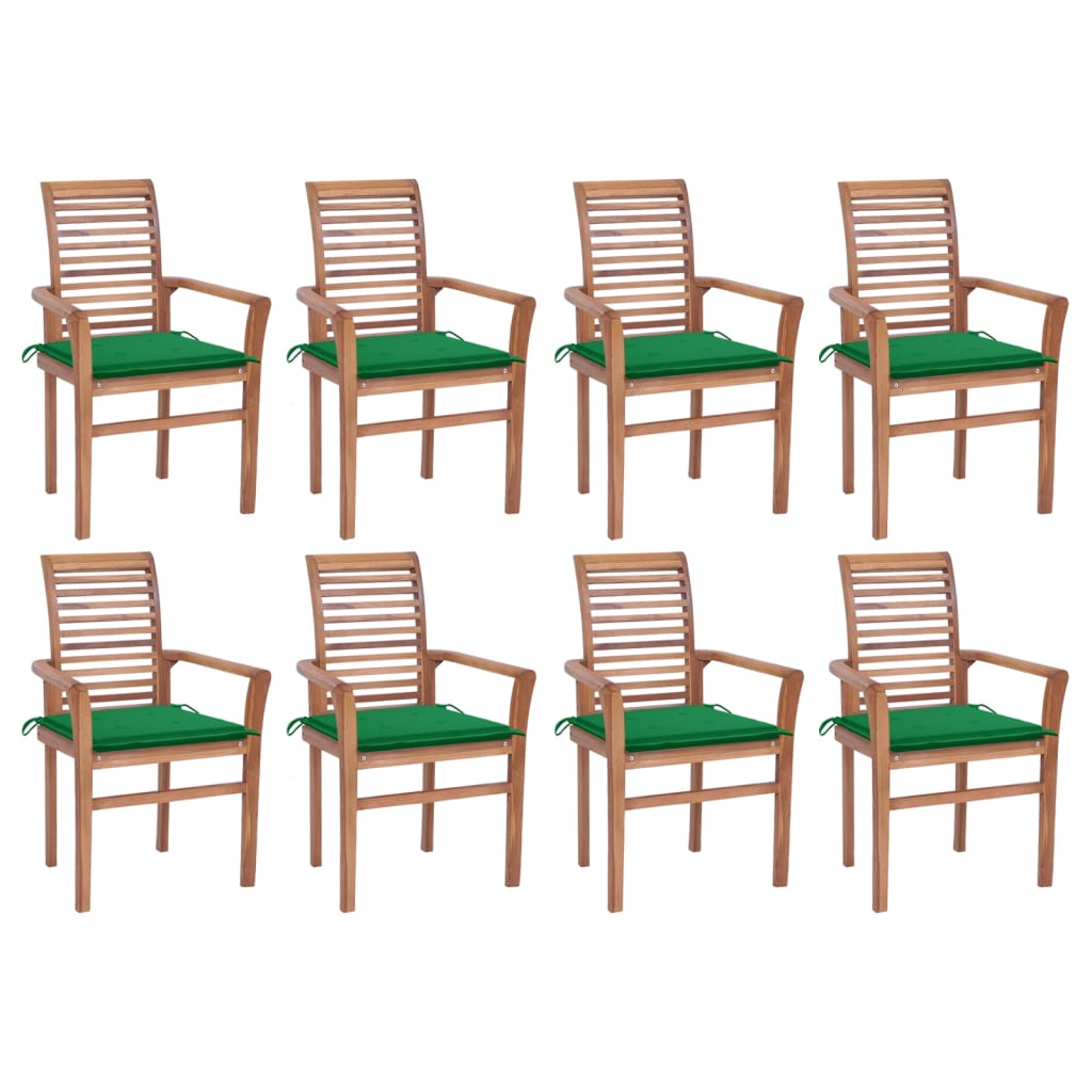 Sedie da Pranzo 8 pz con Cuscini Verdi in Massello di Teak