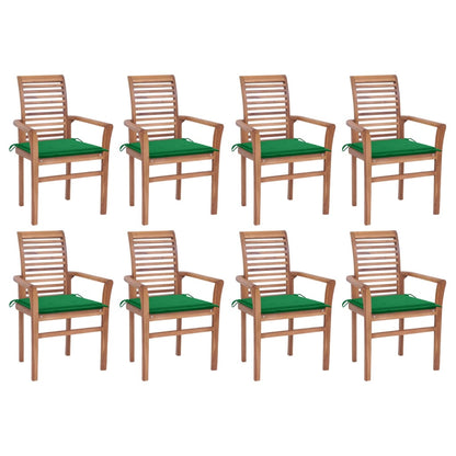 Sedie da Pranzo 8 pz con Cuscini Verdi in Massello di Teak
