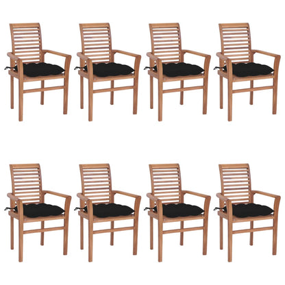 Sedie da Pranzo 8 pz con Cuscini Neri in Massello di Teak