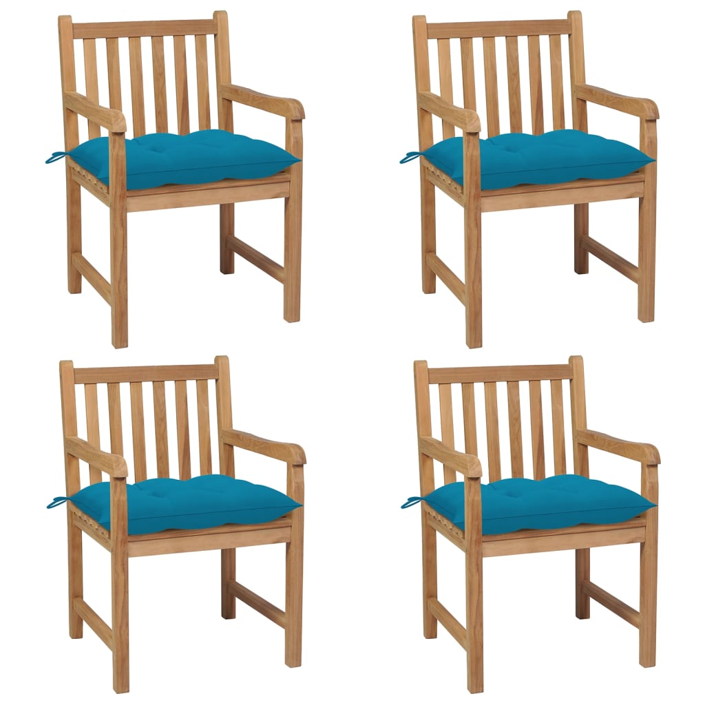 Sedie da Giardino 4 pz con Cuscini Azzurri in Massello di Teak