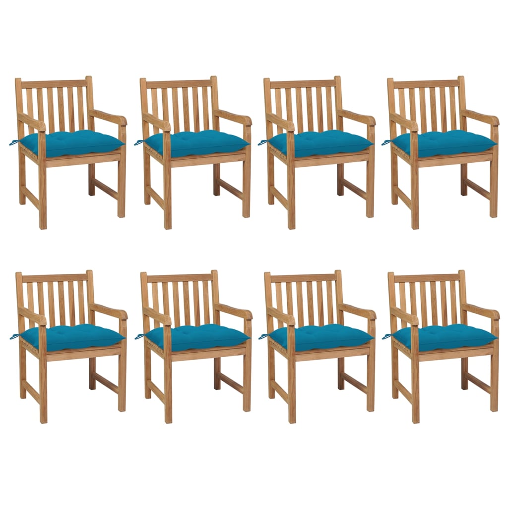 Sedie da Giardino 8 pz con Cuscini Azzurri in Massello di Teak