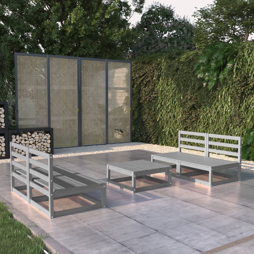 Set Divani da Giardino 5 pz Grigio in Legno Massello di Pino