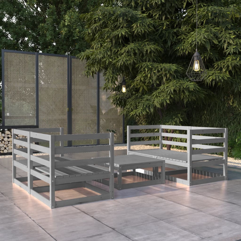 Set Divani da Giardino 5 pz Grigio in Legno Massello di Pino