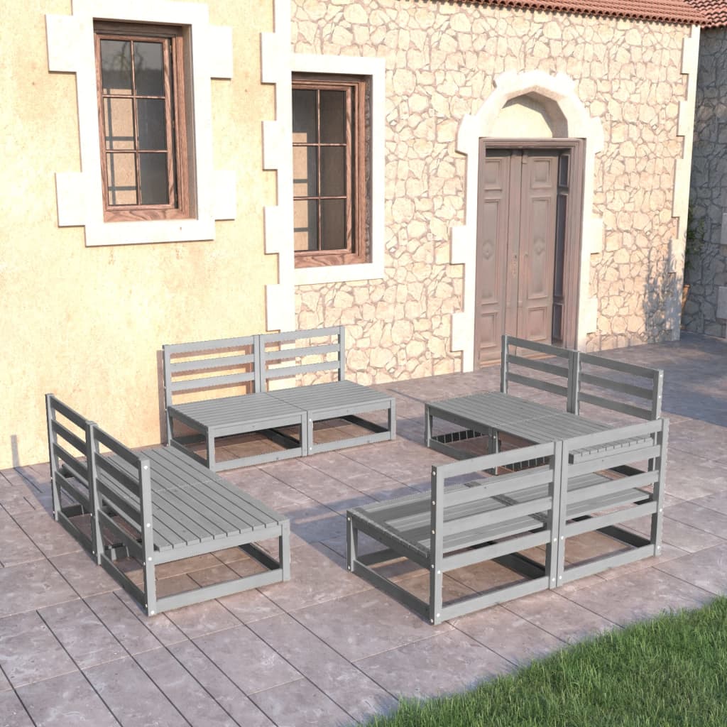 Set Divani da Giardino 8 pz Grigio in Legno Massello di Pino