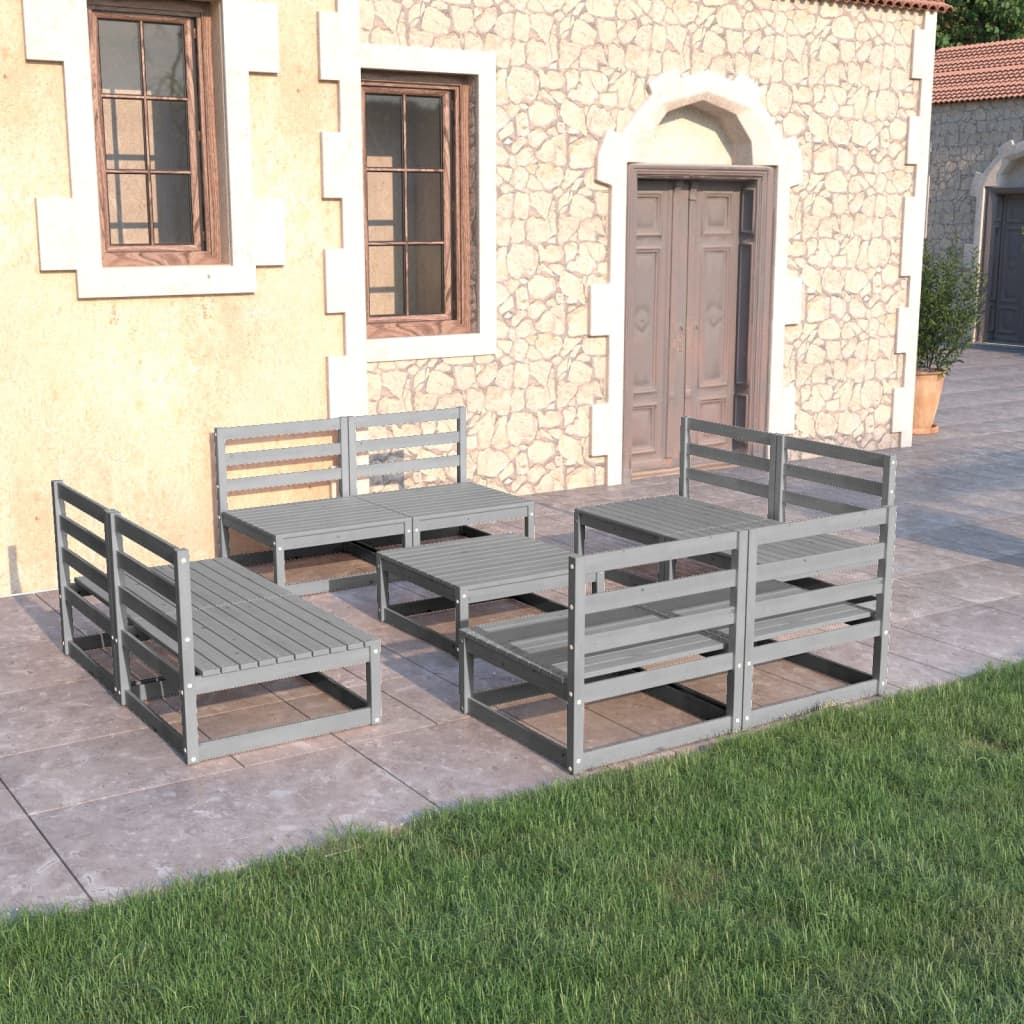 Set Divani da Giardino 9 pz Grigio in Legno Massello di Pino