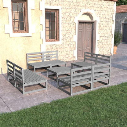 Set Divani da Giardino 9 pz Grigio in Legno Massello di Pino