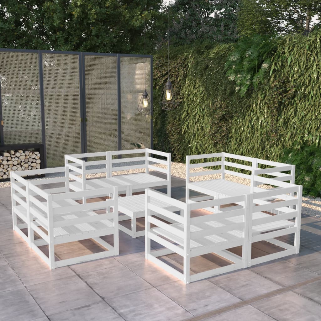 Set Divani da Giardino 9 pz Bianco in Legno Massello di Pino