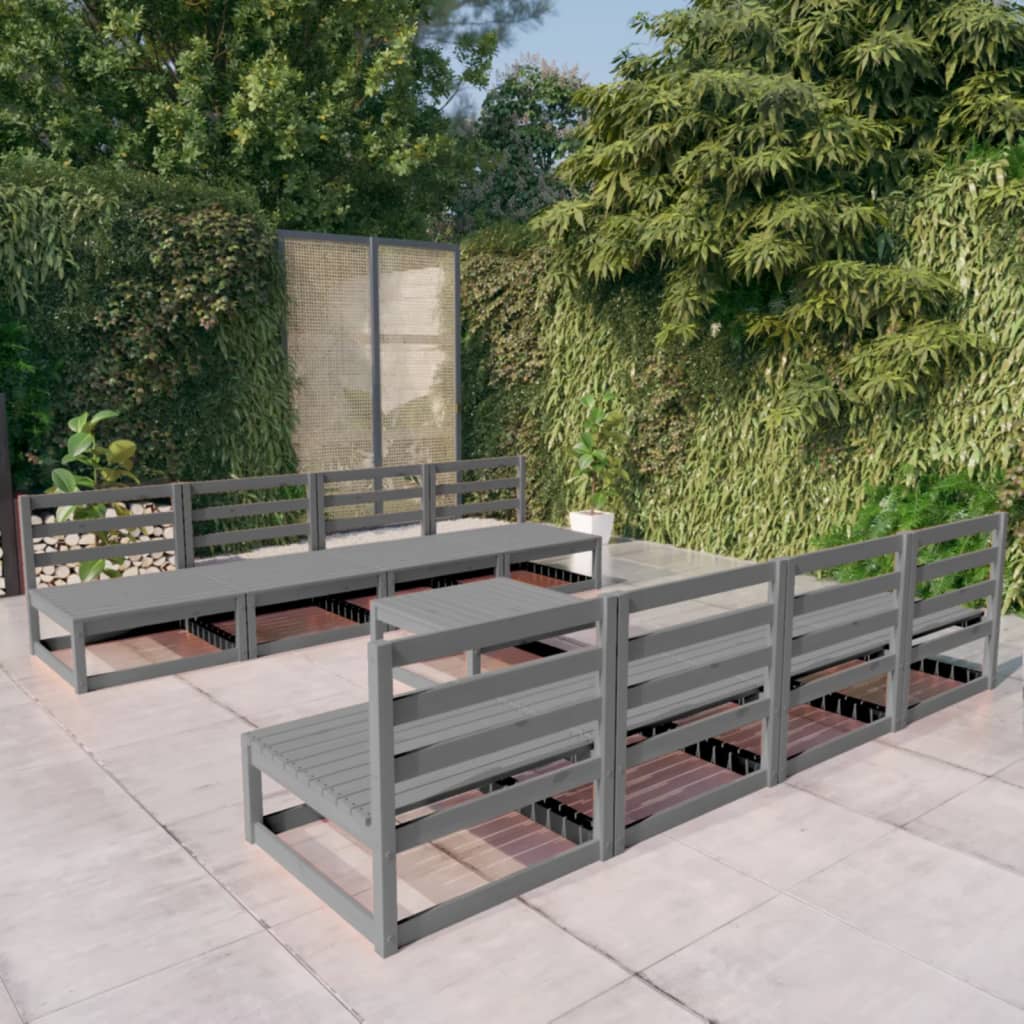 Set Divani da Giardino 9 pz Grigio in Legno Massello di Pino