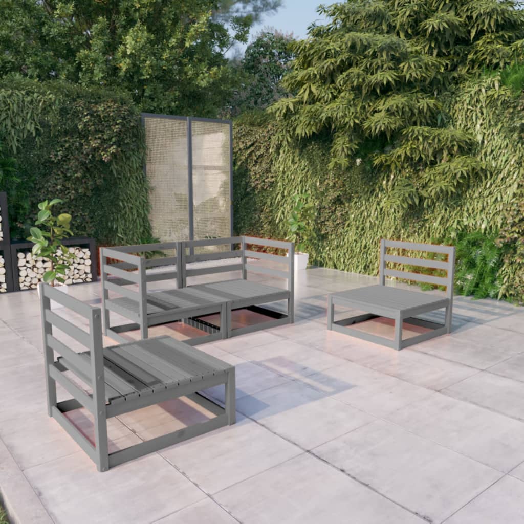 Set Divani da Giardino 4 pz Grigio in Legno Massello di Pino
