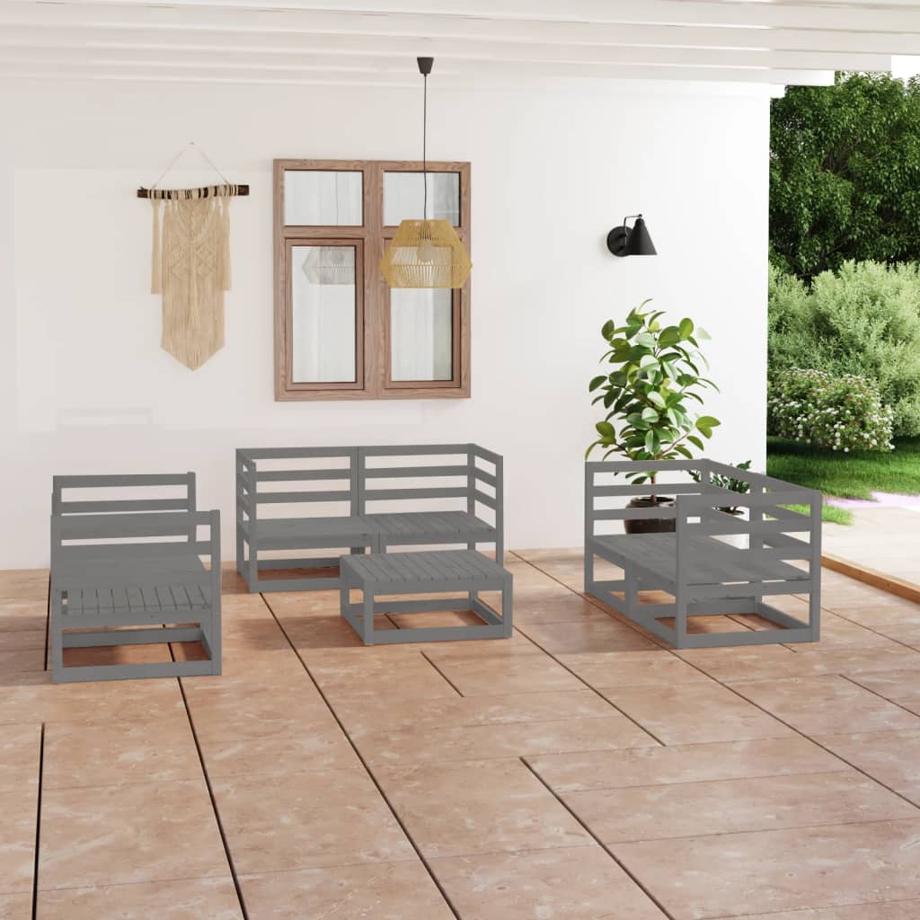 Set Divani da Giardino 7 pz Grigio in Legno Massello di Pino