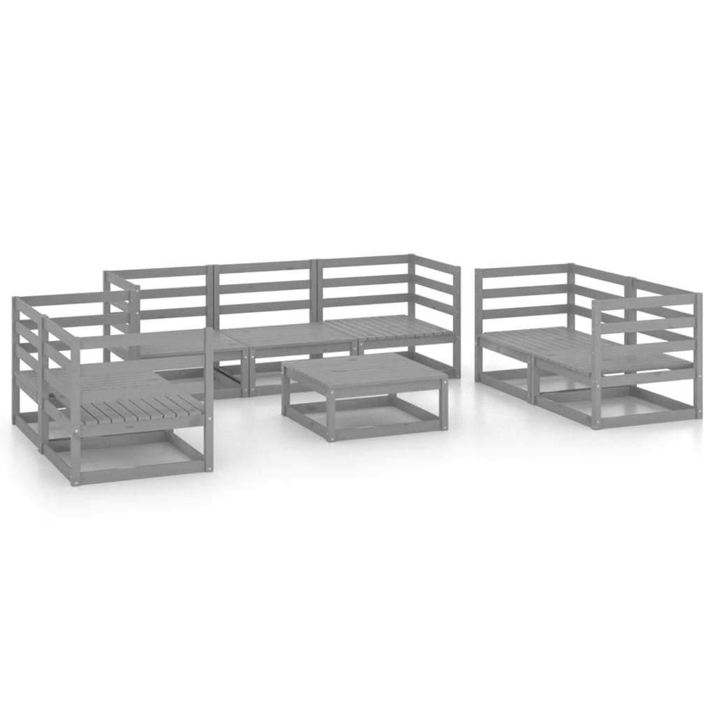 Set Divani da Giardino 8 pz Grigio in Legno Massello di Pino