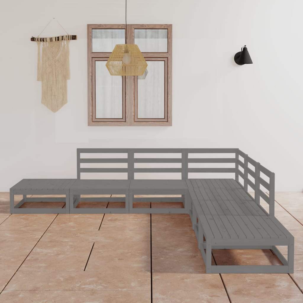 Set Divani da Giardino 7 pz Grigio in Legno Massello di Pino