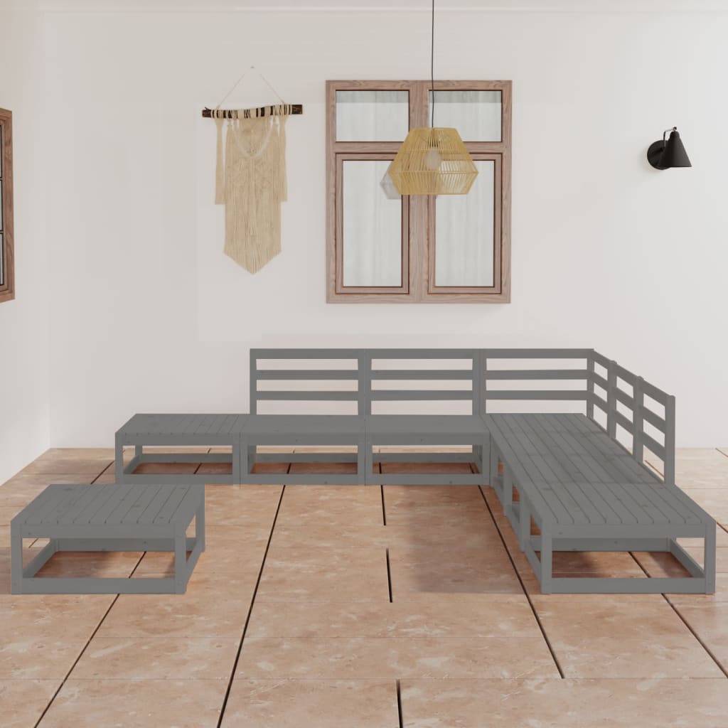 Set Divani da Giardino 8 pz Grigio in Legno Massello di Pino