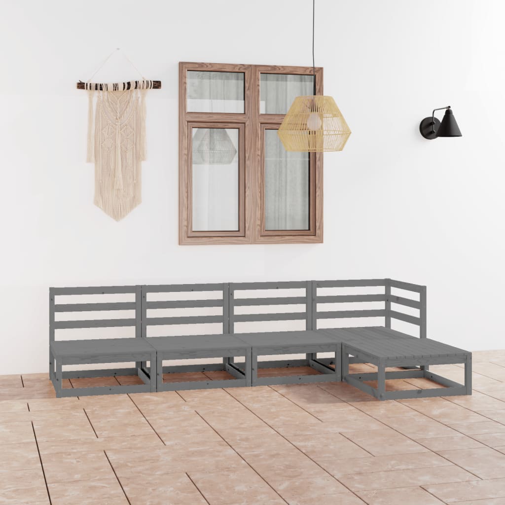 Set Divani da Giardino 5 pz Grigio in Legno Massello di Pino