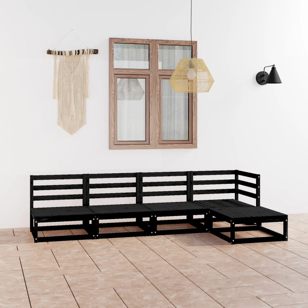 Set Divani da Giardino 5 pz Nero in Legno Massello di Pino