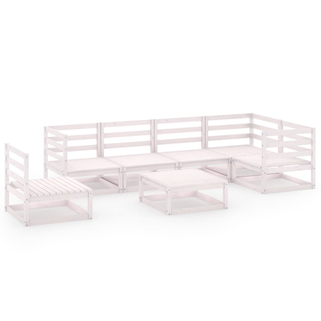 Set Divani da Giardino 7 pz Bianchi in Legno Massello di Pino